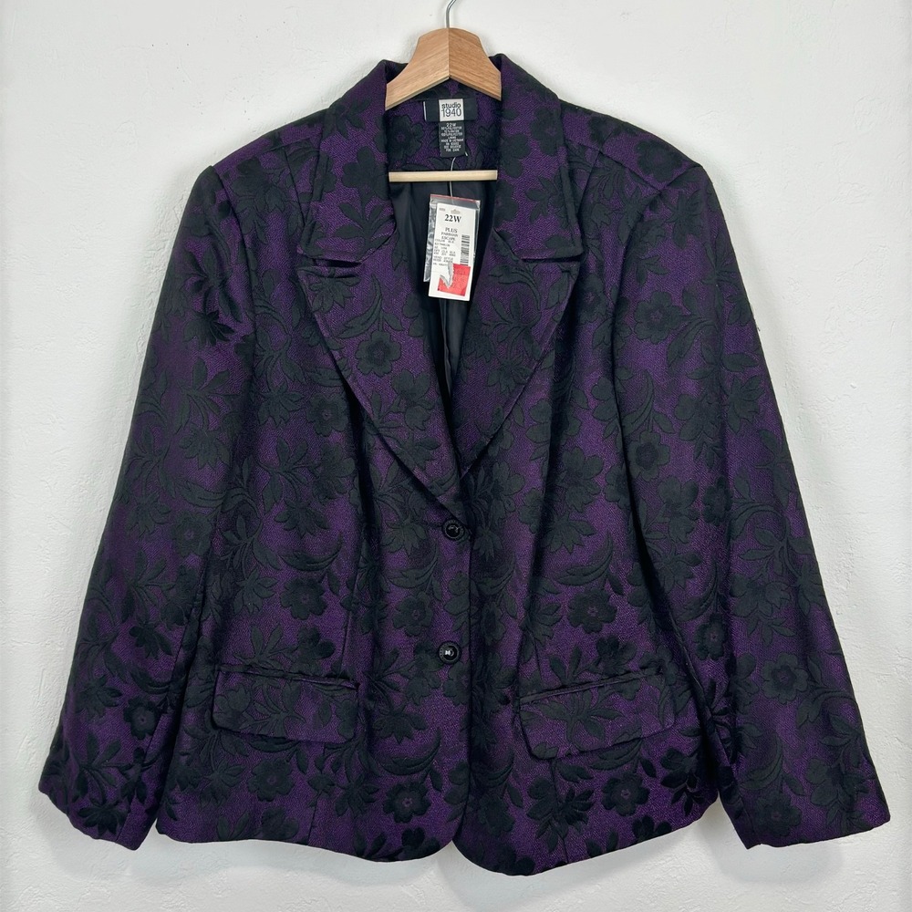 Womens Floral Brocade Blazer Jacket 22W Purple Black Button Gothic Baroque